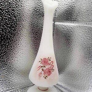 RARE Fenton Swung Vase Satin White ‘Pink Roses In Snow’ Vintage 1980s Signed